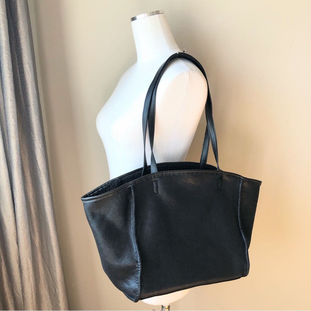 Black leather & Shearling reversible everyday carryall tote bag